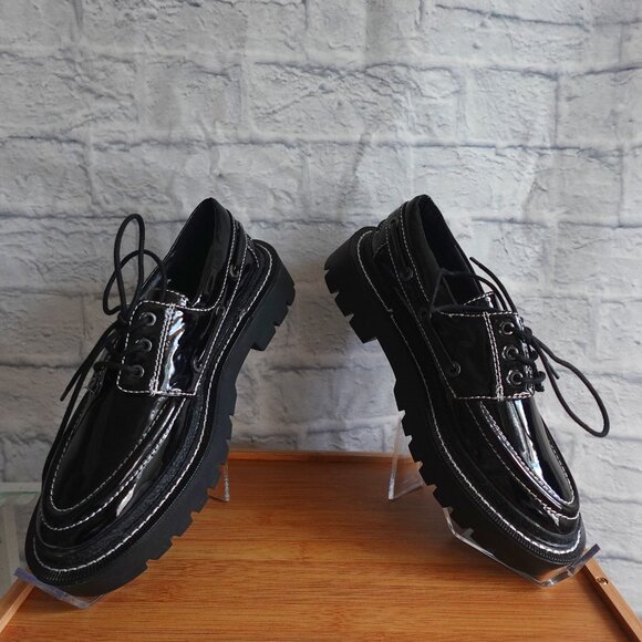 Zara Contrast Stitch Vegan Patent Boat Shoes - Picture 3 of 9